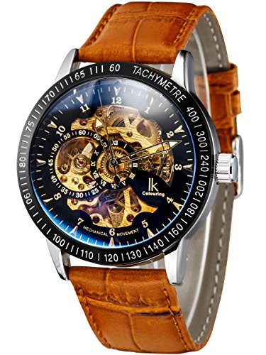 Alienwork IK Automatikuhr Armbanduhr Herren Damen Silber Lederarmband Braun Schwarz Skelett Glasboden