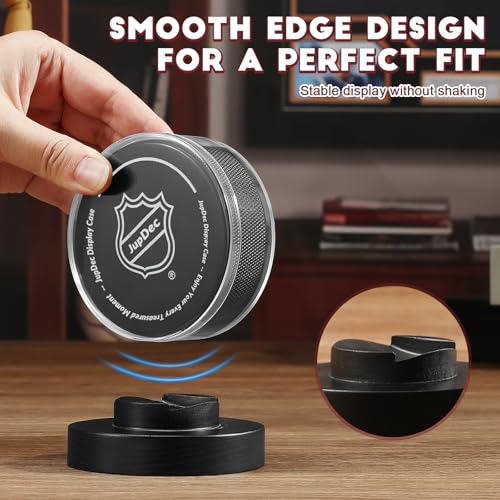 Image of JupDec Hockey Puck Display Case Acrylic Clear Holder with Wood Base, Autograph Souvenir Display Stand, Perfect Showcase for Your Collection, Black, 1 Pack