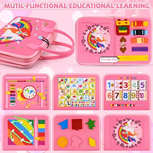 Devolamn Busy Board for Toddlers, 7 in 1 Montessori Toys for 1 2 3 4 Year old Busy Book Toddler Travel Toys, Activities Board Autism Sensory Toys, Educational Toys (Pink Unicorn)