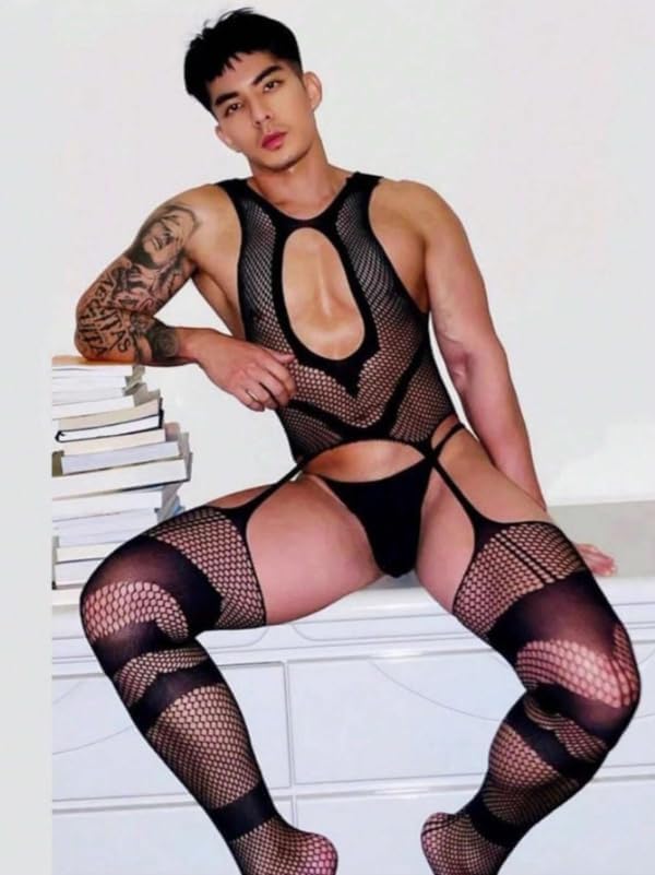 Men's Sexy Lingerie, Fishnet Bodysuit with Cut-Outs, Hollow Design, Black Lace Feminine Underwear - Image 2