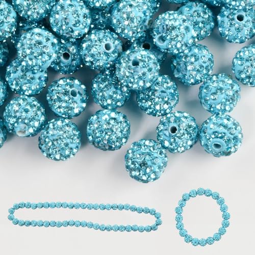 100pcs 10mm Rhinestone Clay Beads for Crafting - Ice Collection Baseball Bling Style, Round Shamballa Disco Ball Design, Fancy Sparkle for DIY Necklace Jewelry Making Christmas Decor (Lake Blue)