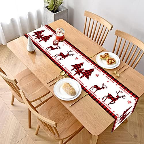 Christmas Table Runner Red Linen Christmas Tablecloth , 14x71 Inch Non-slip Long Table Runner Cloth for Xmas Home Dining Decorations (Christmas Tree & Deer)