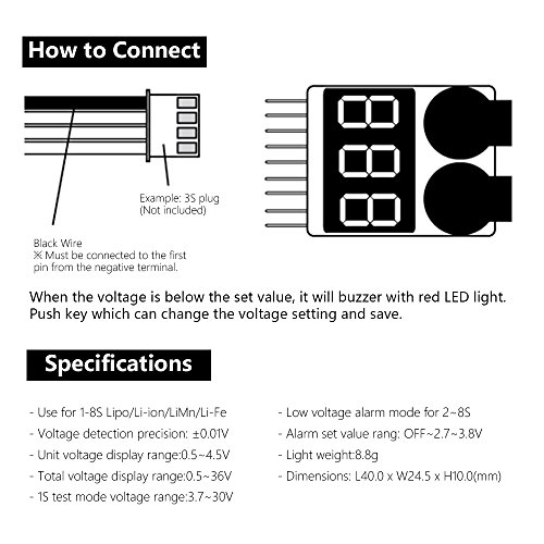 RC LiPo Battery Checker 1-8S - Adjustable Low Voltage Buzzer Alarm Tester with LED Indicator |Overcharge/Overdischarge Protection for Drone LiPo/Li-Ion/LiMn Batteries, 3 Pack