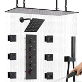 NPYSVSSS Dual Shower Heads System, 16'x32' Ceiling Mount Rainfall and 6' Wall Mounted Shower Heads with 6 body Jets Thermostatic Shower Valve Rain Shower Faucet Set Can All Run Together Matte Black