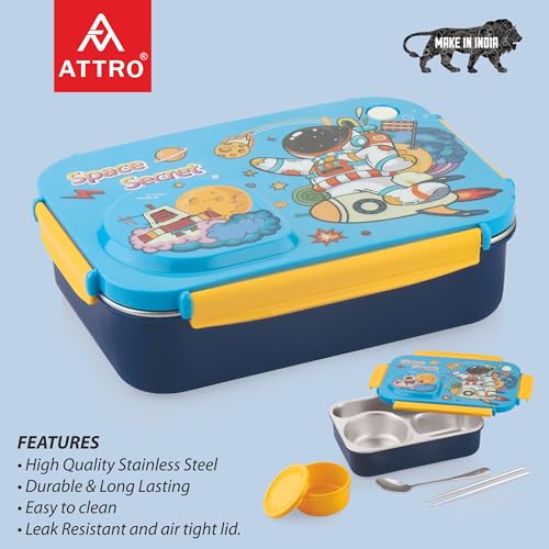 Image of ATTRO School Bite Stainless Steel Lunch Box - 3 Compartment Bento Tiffin, Leak-Proof & Durable, Ideal for Kids, School, Picnic- 750ml+150ml, Blue- Space Theme