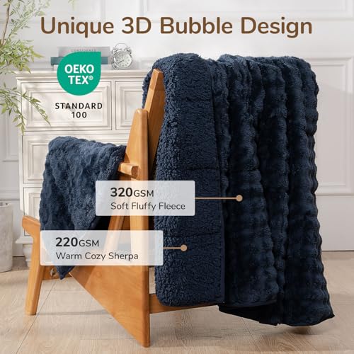 Image of Cottonblue Bubble Weighted Blanket 15lbs Faux Fur Sherpa Heavy Weighted Blankets for Adults, Fits Queen Size Bed, Cute Fuzzy Warm Heavy Blanket for Calm and Better Sleep, 60 inchx80 inch, Navy Blue