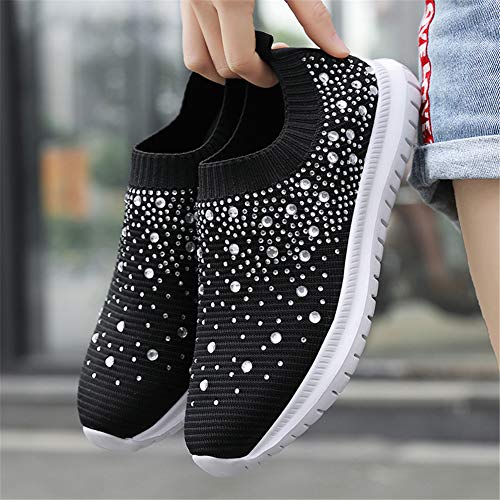 Gospt Women's Mesh Walking Shoes Rhinestone Glitter Slip On Ballroom Jazz Latin Dance Sock Sneakers Black 8 #TOP3