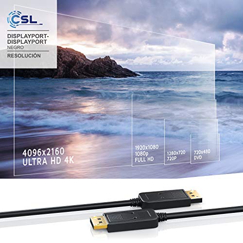 CSL - 3 metros Ultra HD 4K Premium Displayport 1.2v DP a Displayport 1.2v DP Cable de alta velocidad incl. transmisión de audio - Resolución de hasta 3840 x 2160 - Compatible con Apple y PC - negro