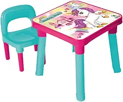Mesa Mesinha Infantil com Cadeira Rosa Unicórnio – Tampa Fixa | Conjunto Educativo para Crianças a partir de 3 Anos | Plástico Resistente e Seguro, Para Brincar, Pintar, Estudar e Tomar Lanche.