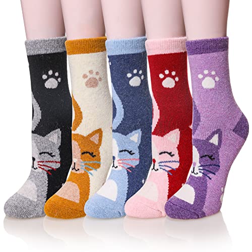 Velice Wool Socks for Women Merino Wool Boot Hiking Thick Thermal Warm Socks Winter Crew Cushion Cozy Work Socks 5 Pairs(New Cat)