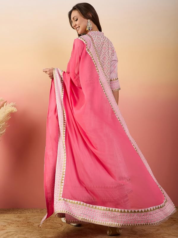 Image of Women's Pure Silk Printed Embroidery Kurta Palazzo & Dupatta Set