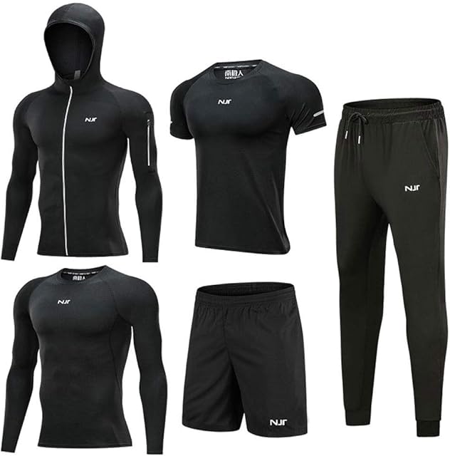 Kays Mens 5pcs Quick Dry Four Seasons Exercise Set Hoodies Jackets, Short Sleeve T Shirts, Loose Fitting Shorts, Compression Pants