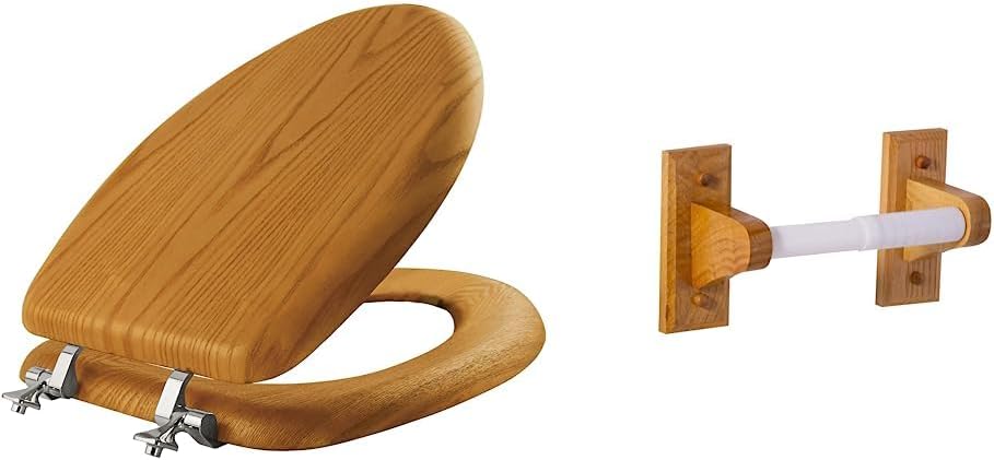 MAYFAIR 19601CP 378 Toilet Seat with Chrome Hinges, ELONGATED, Natural Oak Veneer & Design House 561209 Dalton Wall-Mounted Toilet Paper Holder, Honey Oak Finish, One Size
