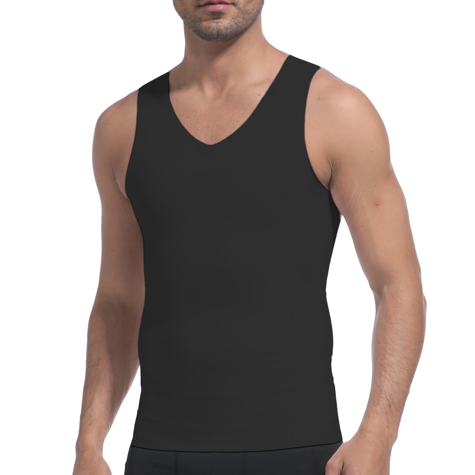 PEONNYT V Neck Seamless Compression Vest Mens Shapewear Body Shaper Slim Vest Belly Slimmer for Men(Black M)