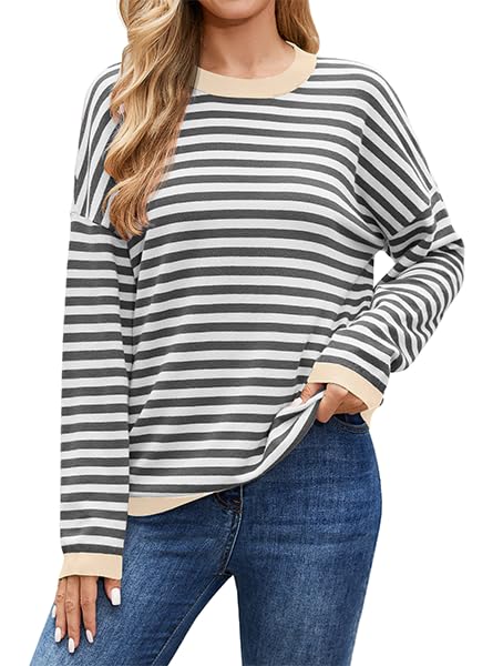 Actcat Pullover Damen Langarmshirt Gestreiftes Sweatshirt Damen Rundhals Baumwolle Oberteile Baumwolle Casual Stricken Pulli