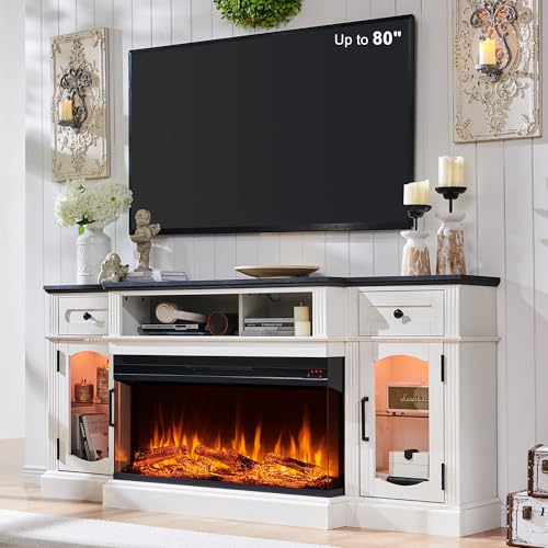 JXQTLINGMU Farmhouse Electric Fireplace TV Stand for TVs up to 80', Entertainment Center with 36'...