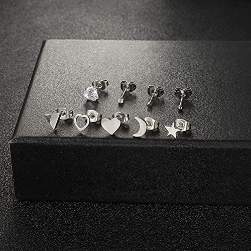 Milacolato 6-9 Pairs Stud Earrings Surgical Steel Dainty Small Heart Moon and Star Earrings Minimalist Geometric CZ Silver Ball and Triangle Earrings Sets for Women Men