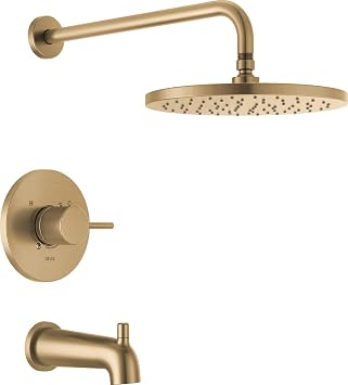 Delta Modern 14 Series Round Rain Bathtub and Shower Faucet Set, Rainfall Brushed Gold Shower Head and Handle Set, Valve Trim Kit, 10 Inch, Champagne Bronze T14469-CZ-PP Valve Not Included