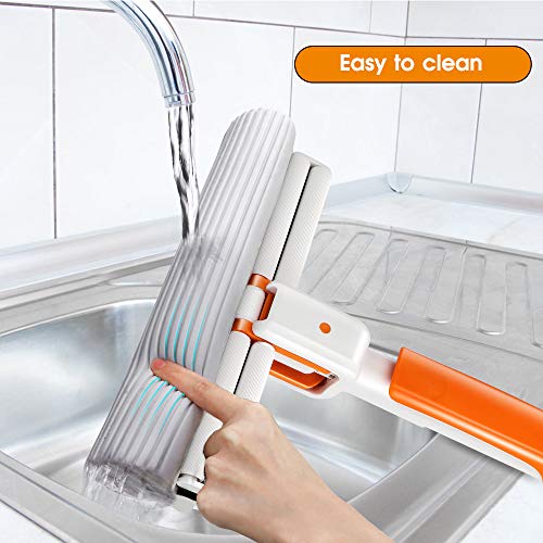 Sponge Mop with Telescopic Stainless Steel Handle Sponge Roller Foam Mop with 2pcs Mop Head and 1 x Hidden Scraper 130cm (50 Inch ) for All Types of Floor