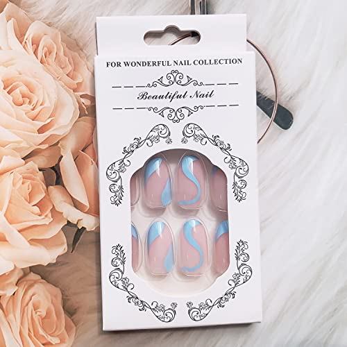 24Pcs Almond Press On Nails Medium Fake Nails French Tip Nails Acrylic Nails Full Cover False Nails With Blue Swirl Designs Gloosy Glue On Nails Blue Nail Tip Summer Stick On Nails For Women Girls #TOP3