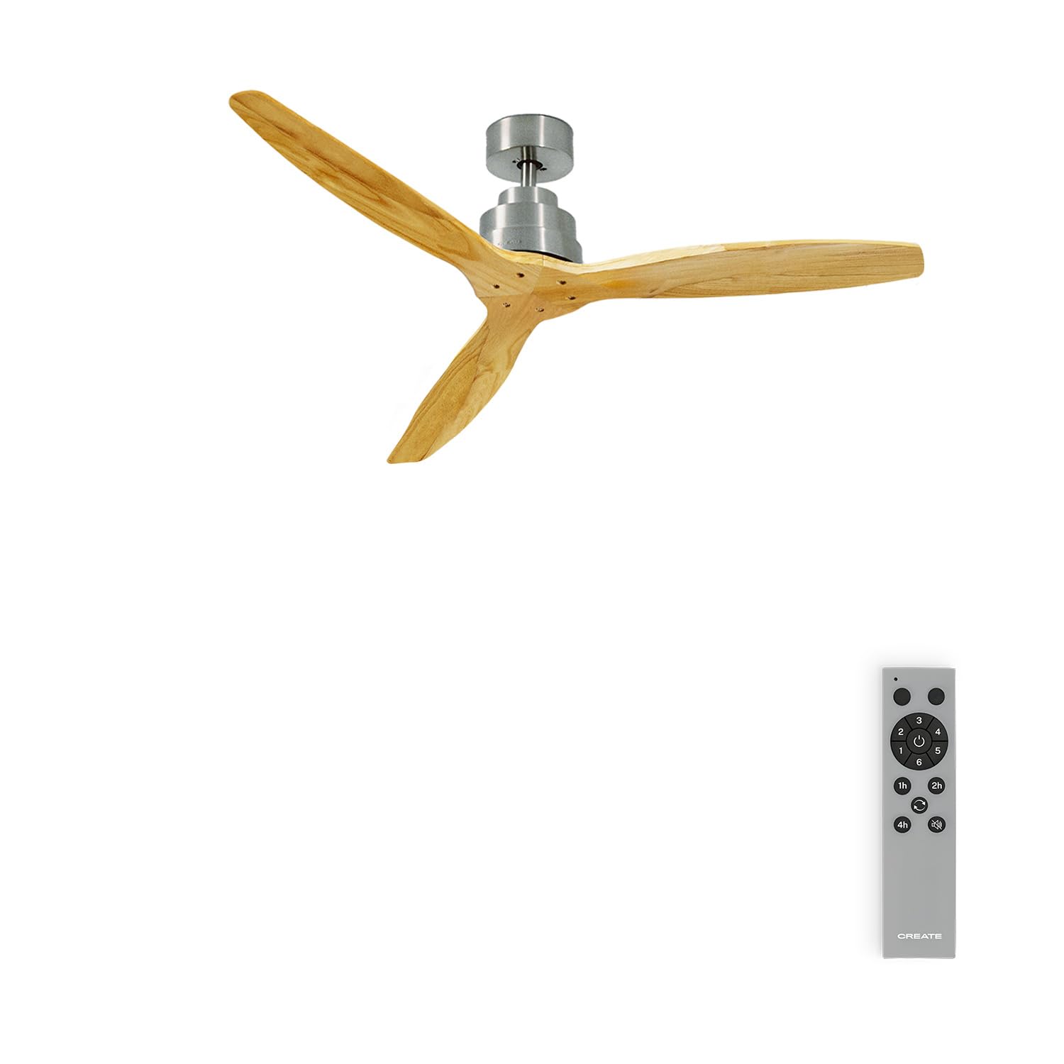 CREATE / WINDSTYLANCE NATURAL WOOD/Ventilador de techo níquel aspas madera natural con mando / 40W, Silencioso, Ø132 cm, 6 velocidades, temporizador, verano-invierno, doble altura