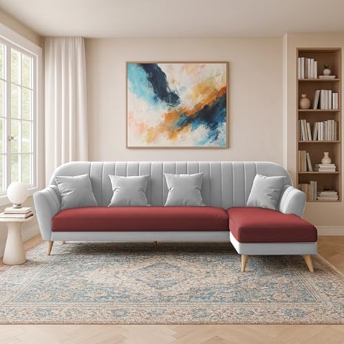 Image of Atticus RHS 6 Seater L Shape Sofa Set for Living Room (Maroon Grey Fabric) Premium Fabric Sofa Set