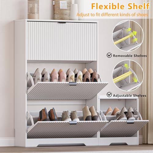 Image of BORNOON Slim Shoe Cabinet with Bench for Entryway, Hidden Storage and Adjustable Shelves, Free Standing Wooden Shoes Organizer for Foyer, Hallway