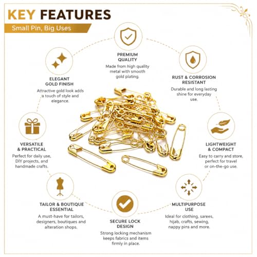 Image of Small Gold and Silver Plated Safety Pins for Saree Nappy Lock pin for Blanket Sweater Perfect for Clothes Craft Sewing Pinning Hijab pin for Women and Girls (Small, 48)