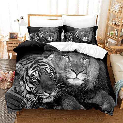 Housse De Couette 240 X 260 Lion Tigre Noir with 2 Taies D'oreillers 65x65 cm - Microfibre Parures De Lit,Adaptées Aux Adultes Et Aux Enfants - Housse Couette