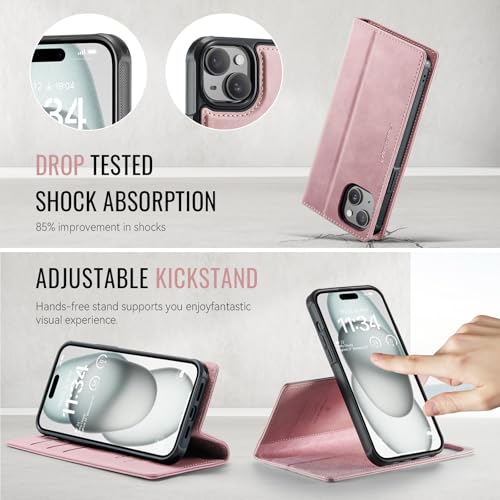 Image of Wallet Case for iPhone 13 Compatible with Magsafe, 2-in-1 PU Leather Flip RFID Blocking Card Holder Stand Shockproof Magnetic Detachable Cover for iPhone 13 Case 6.1 inch, Pink