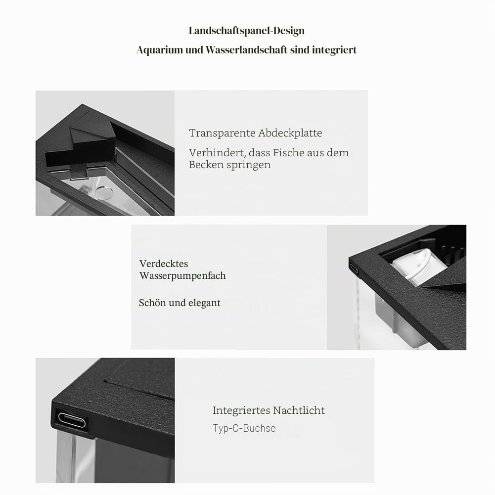Kleines Aquarium, Aquarium mit Wasserpumpe, transparente Abdeckung, ökologisches Zyklussystem, hochtransparentes Acryl, rechteckiges Aquarium für Wohnzimmer, mit integriertem Licht