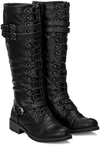 ILLUDE Women's Knee High Lace Up Buckle Military Combat Boots (11, Black)