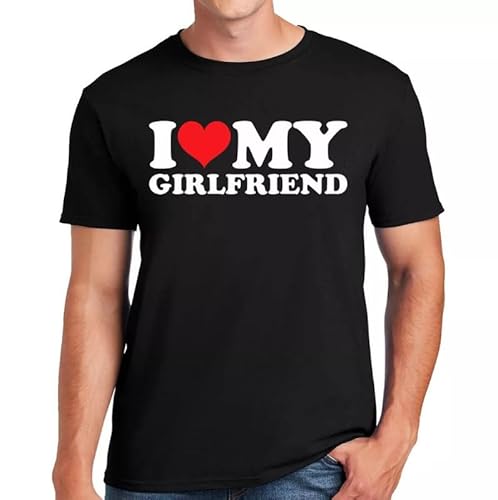 T-shirt masculina com texto em inglês "I Love My Girlfriend", T-shirt preta com estampado branco, M