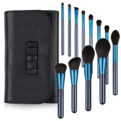 GeeRic 12 Pcs Makeup Brush Set With Case Professional Cosmetic Brushes For Powder Foundation, Eyeshadow, Eyeliner, Blue