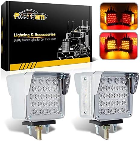Partsam Double Face Square LED Fender Pedestal Lights Amber/Red 52 LED 3 Studs Mount Truck Trailer Stop Tail Turn Signal Lights Chrome Visor Waterproof w/ Side Reflex Clearance Lights Clear Lens