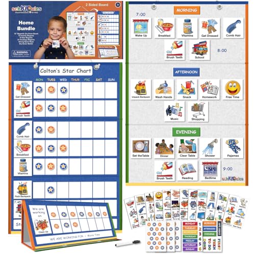 SchKIDules Magnetic Visual Schedule & Reward Chart for Home w/129 Colorful Magnets & 2-Sided 18” Folding Board; for Daily Routines, Chores, Behavioral Supports, Kids Calendar, ADHD & Autism Tools