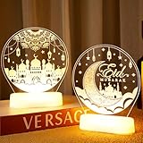 2 Pcs Ramadan Decorations Lights for Home Eid Mubarak Table Decor LED Ramadan Night Lights Crescent Moon Castle Lantern Centerpiece for Home Islamic Mosque Muslims Crafts Table Decor Eid Gifts(Cute)