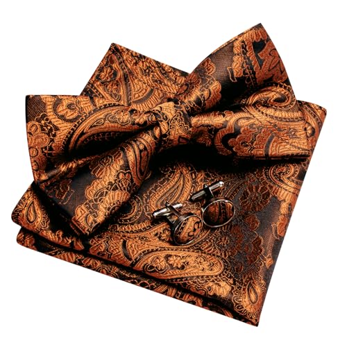 Image of YOHOWA Mens Bow Tie Set Paisley Pre-tied Bowties Adjustable with Handkerchief Cufflinks Gold Ring Set Wedding Prom Party