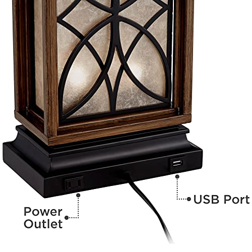 Franklin Iron Works Arthur Rustic Farmhouse Table Lamp With Usb And Ac Power Outlet In Base Led Nightlight 27.5" Tall Bronze Rectangular Oatmeal Shade For Living Room Bedroom Bedside Nightstand #TOP4