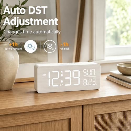 Image of Peakeep Wooden Digital Alarm Clock Large Display, Textured Decoration | for Bedroom Living Room Desk Table, Electric Plug-in Clock Battery Backup with Time Date Day, 5 Brightness, Auto DST