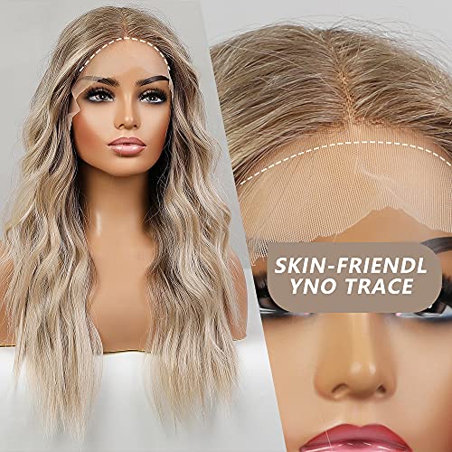 Emmor EMBL66055-1 Long Ombre Blonde Lace Front Wig For Women,25 Inch Natural Wavy Daily Hair Synthetic Lace Wigs Middle Part,Hand Tied/Longlife/Lightweight thumb #4