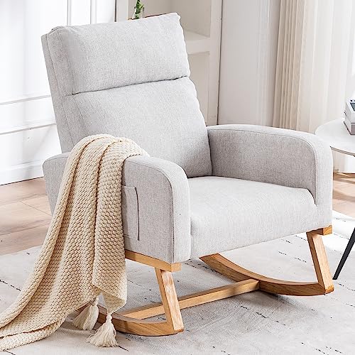 Image of YUUIJOAA Rocking Chair Nursery - Glider Modern Accent Chairs Upholstered Linen Rocker Padded Armchair for Indoor Living Room Bedroom Light Gray