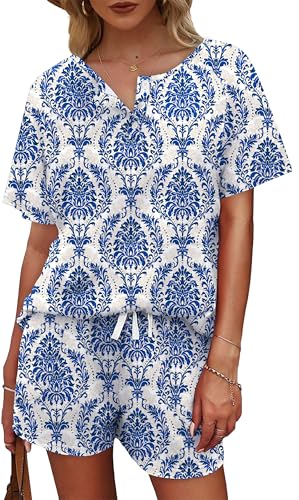 Image of WIHOLL Two Piece Outfits for Women Lounge Sets Button Down Top and Shorts Set Sweatsuits with Pockets