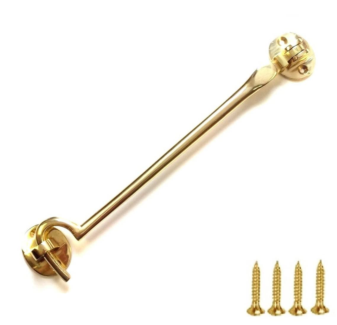 TERF® 200mm Heavy Duty Polished Brass Cabin Door Hook and Eye Lock 200mm (8 inch) Cabinet Latch including Fixing Screw For Door Gate Window Closet Shed Latch