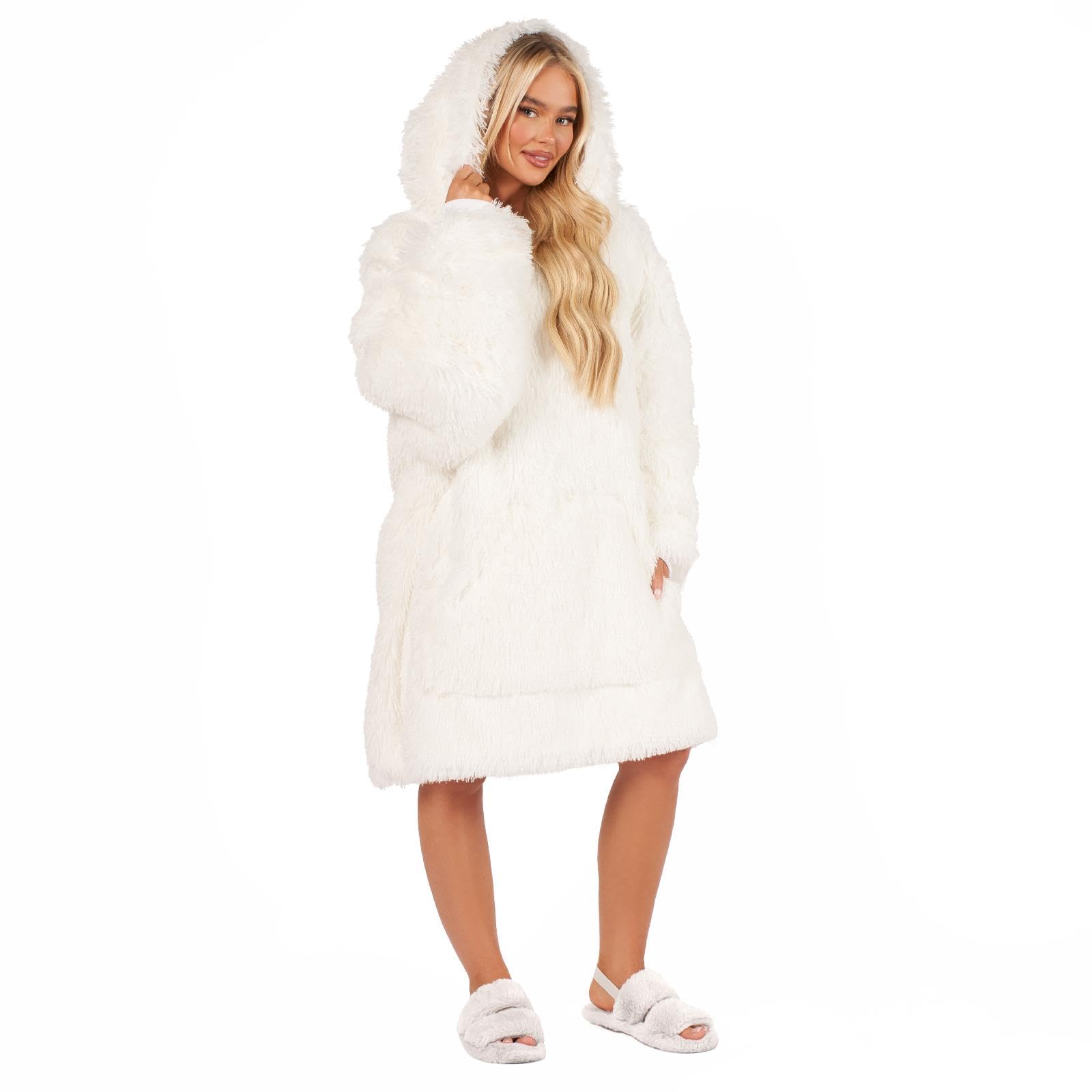 B&Q -  Fluffy Long Fibre Sherpa Hooded Blanket Plush Fleece Soft ThrowWhite