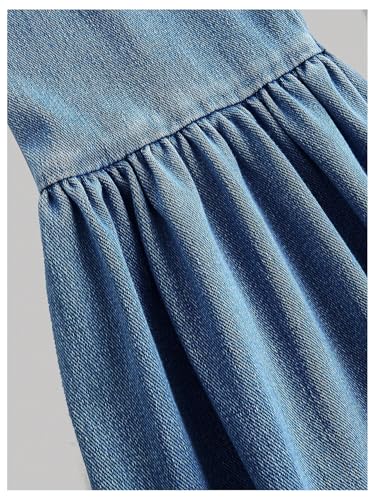 Image of WDIRARA Girl's 2 Piece Outfits Button Front Square Neck Short Sleeve Tee and Ruffle Hem Denim Pants Set
