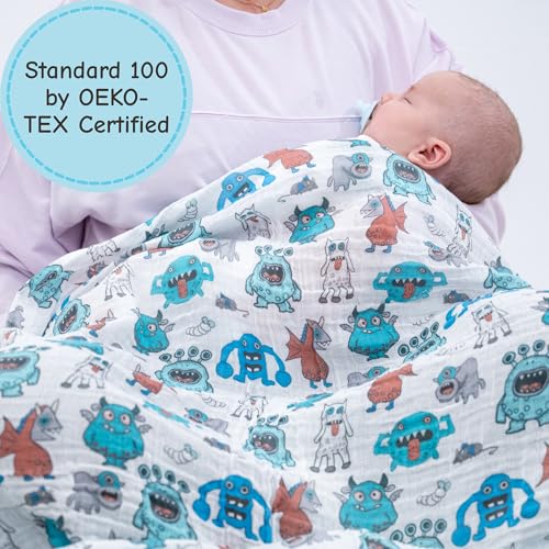 Image of LollyBanks Muslin Swaddle Blankets, 100% Cotton Soft and Breathable Baby Blanket for Boys, 47 x 47 Inches Receiving Blankets, Lightweight Newborn Swaddles, Nursery Must Haves (Monsters Print)