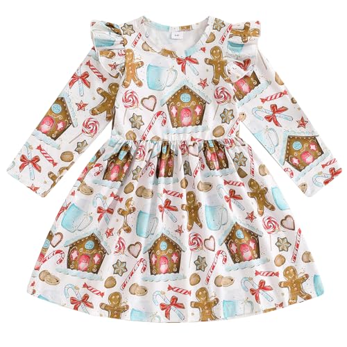 Pudcoco Kids Toddler Baby Girls Christmas Gingerbread Man Dress Ruffle Long Sleeve Candy Cane Print Xmas Dress (White, 3-4 Years)