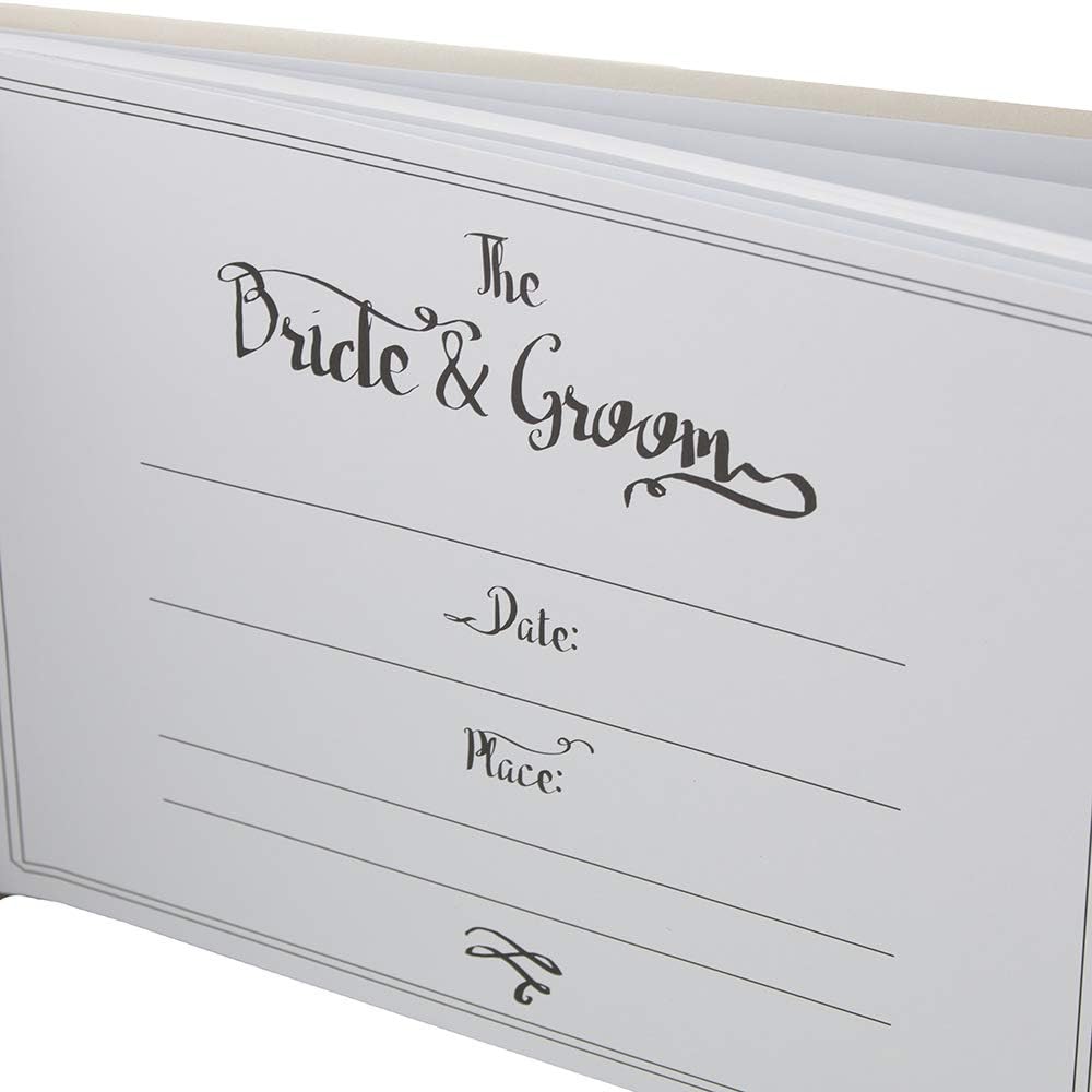 Happy Homewares Ivory Wedding Day Guest Book in Silver Plated Text and Diamante Heart Jewel with Beautiful Floral Decoration Includes Silver Pen - Ideal Wedding Gift