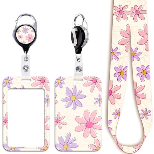 Juanooo Daisy Teachers ID Lanyard Badge Holder with Retractable Badge Reel Cute Lanyard for ID Badge & Keys for Women Girls Flower Preppy School Lanyard ID Holder(Pink & Purple)